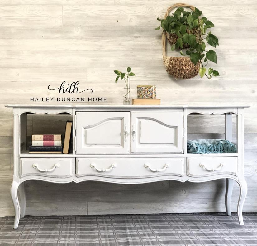 White painted buffet that could be used as a sofa table